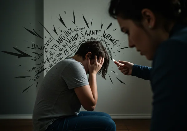 Person feeling small under critical, gaslighting comments.